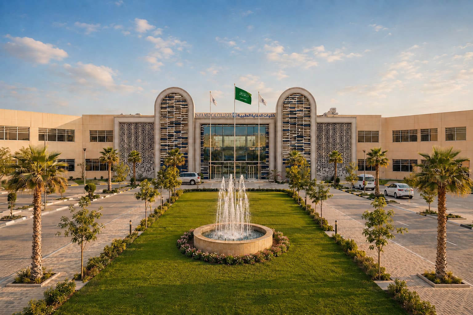 المبنى الرئيسي لكليات العناية الطبية بأقواسه المعمارية المميزة