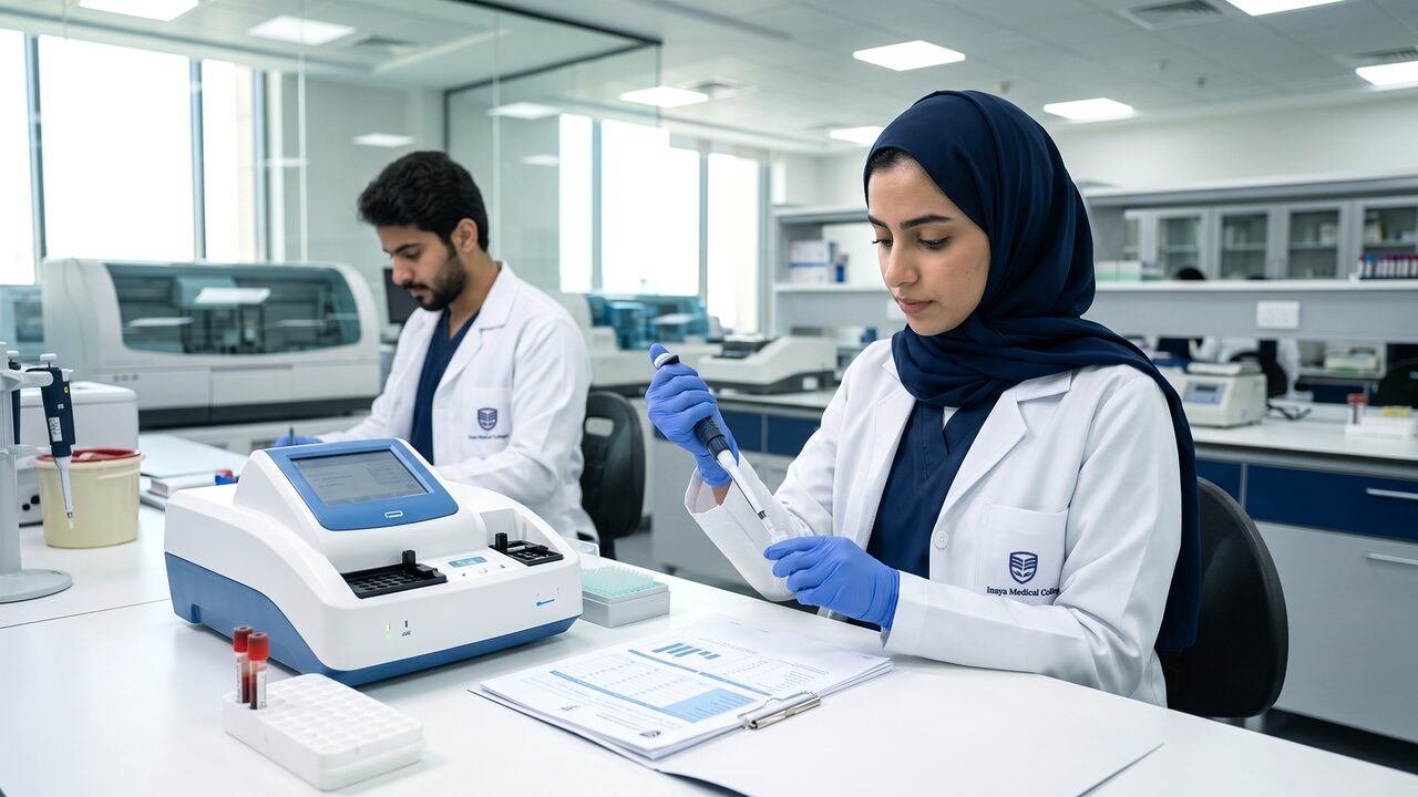 طلاب علوم المختبرات الإكلينيكية أثناء العمل في المختبر
