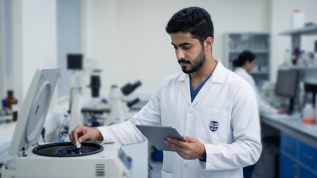 طالب يستخدم جهاز الطرد المركزي في مختبر الأبحاث