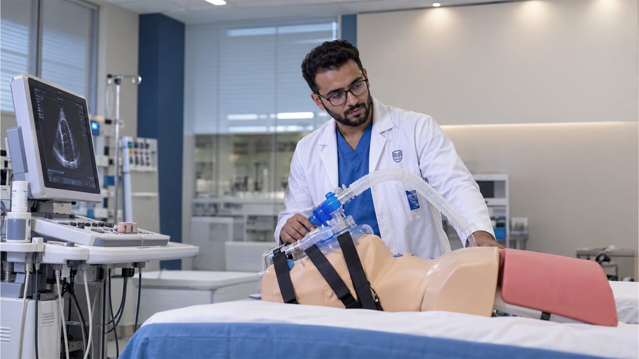 طالب العلاج التنفسي يتدرّب على أجهزة التنفس والموجات فوق الصوتية في مختبر المحاكاة